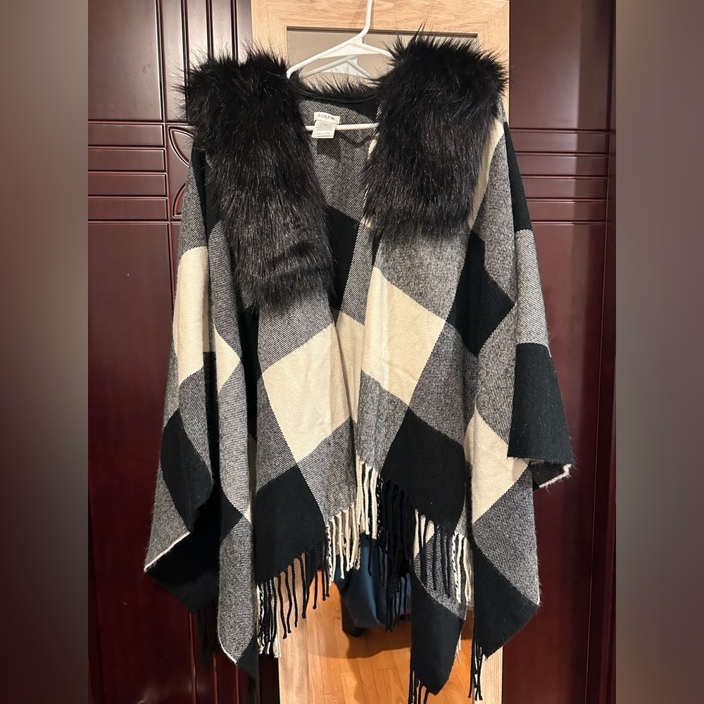JCREW Factory buffalo plaid cape with faux fur collar